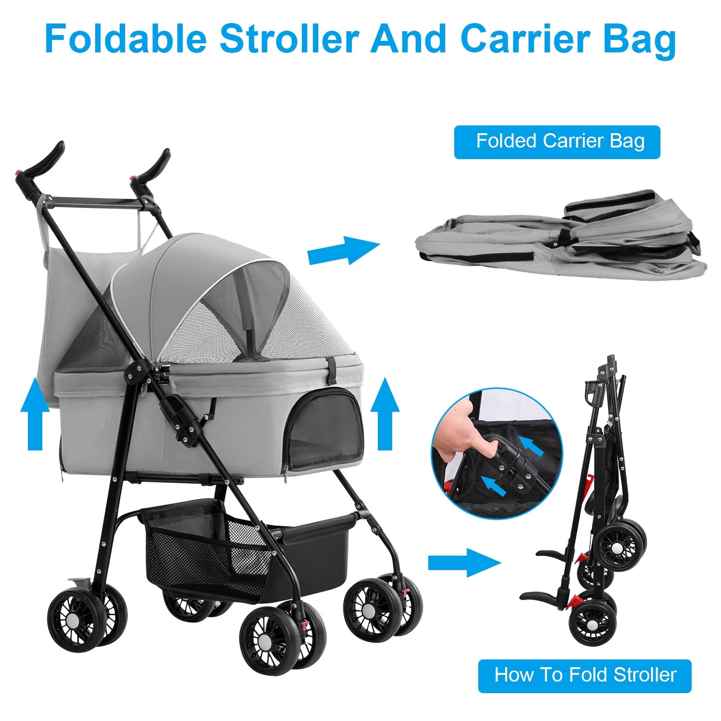 Foldable Pet Stroller with Removable Carrier for Dogs & Cats