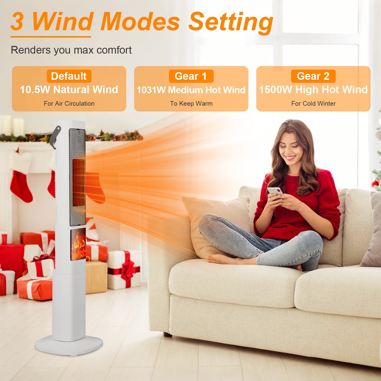 Oscillating Ceramic Tower Space Heater with 3D Flame Effect