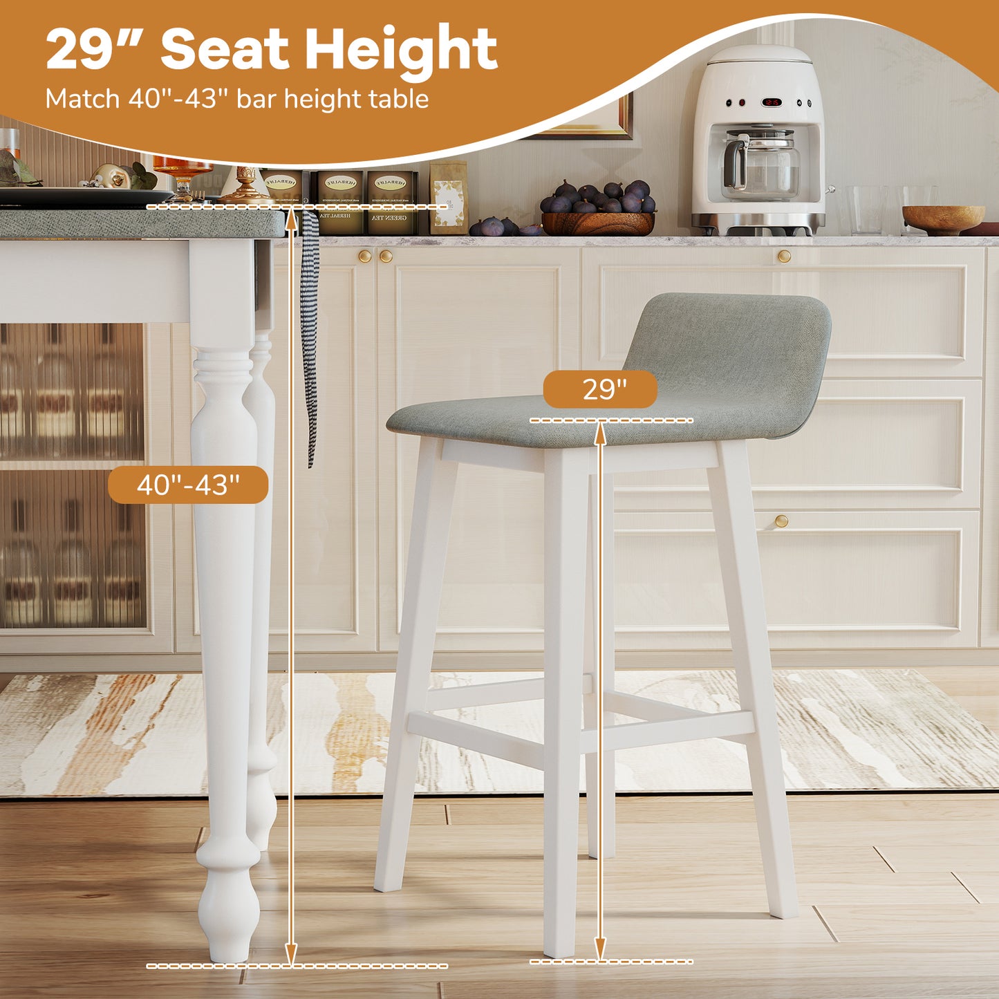 29-Inch Padded Bar Stool with Low Back and Wood Legs