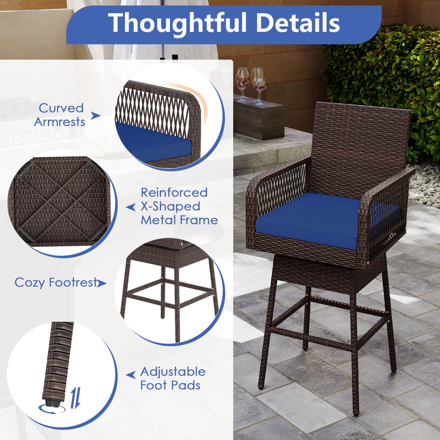 360° Swivel Bar Stool 29" Height with Cushion & Armrests