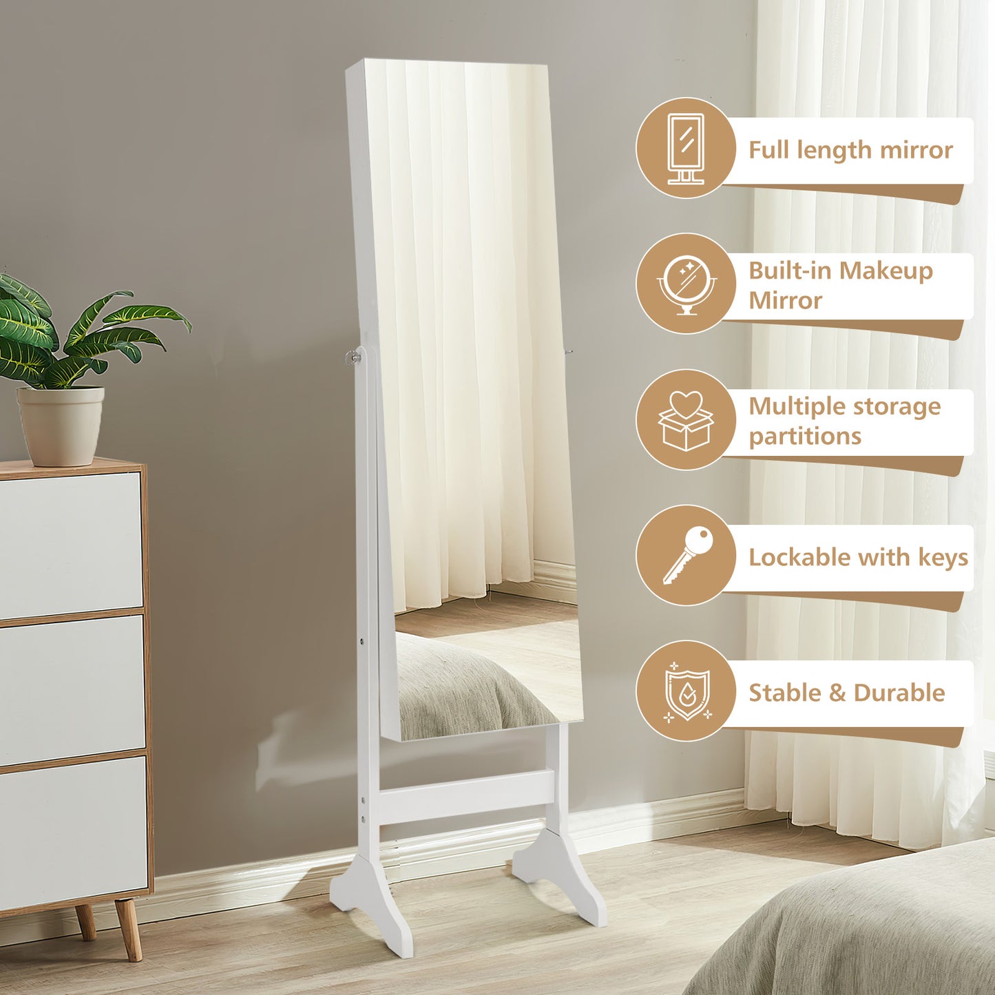 Standing Jewelry Cabinet with Full Length Mirror - White