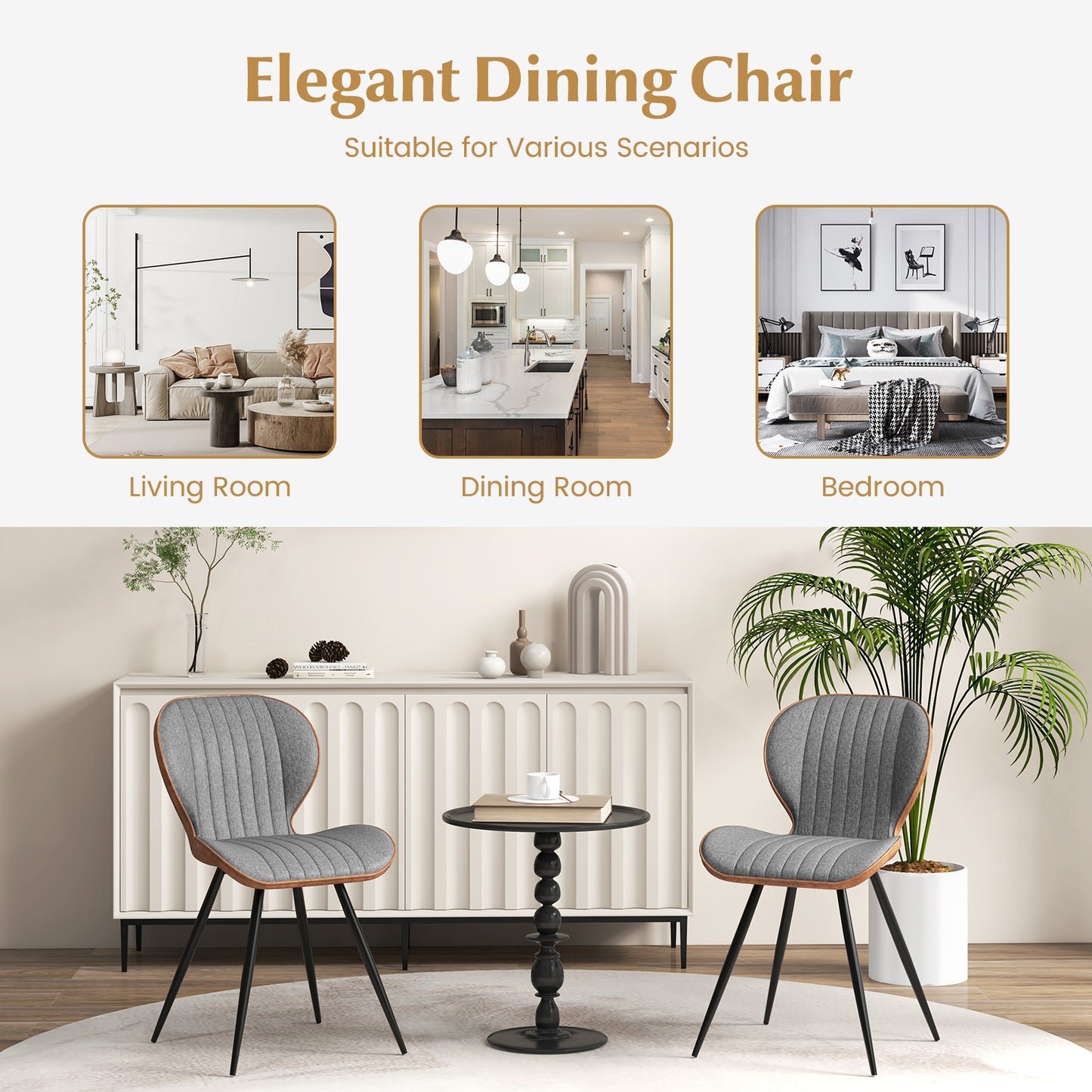Armless Dining Chairs Set of 2 with Curved Backrest Gray
