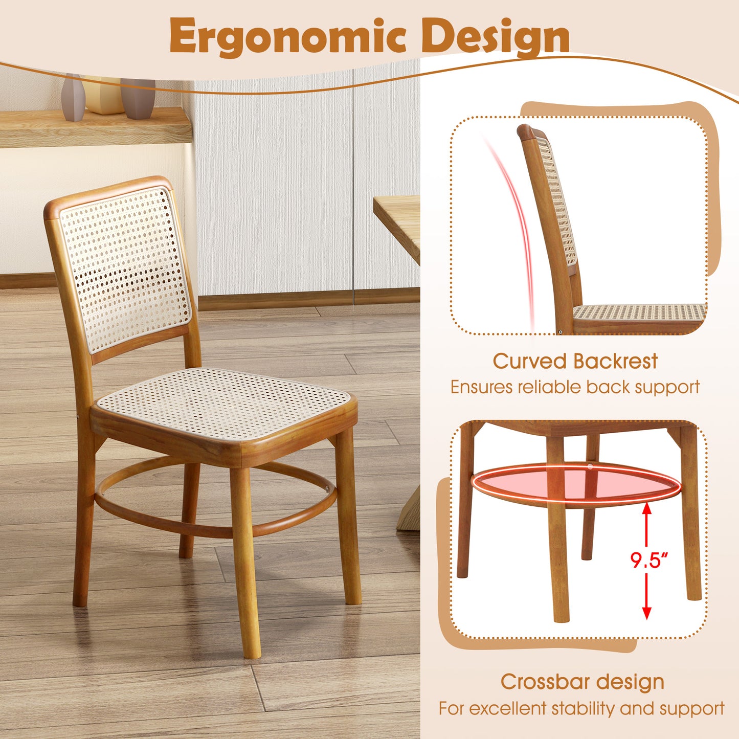 Rattan Dining Chairs Set of 2 with Teak Wood Frame