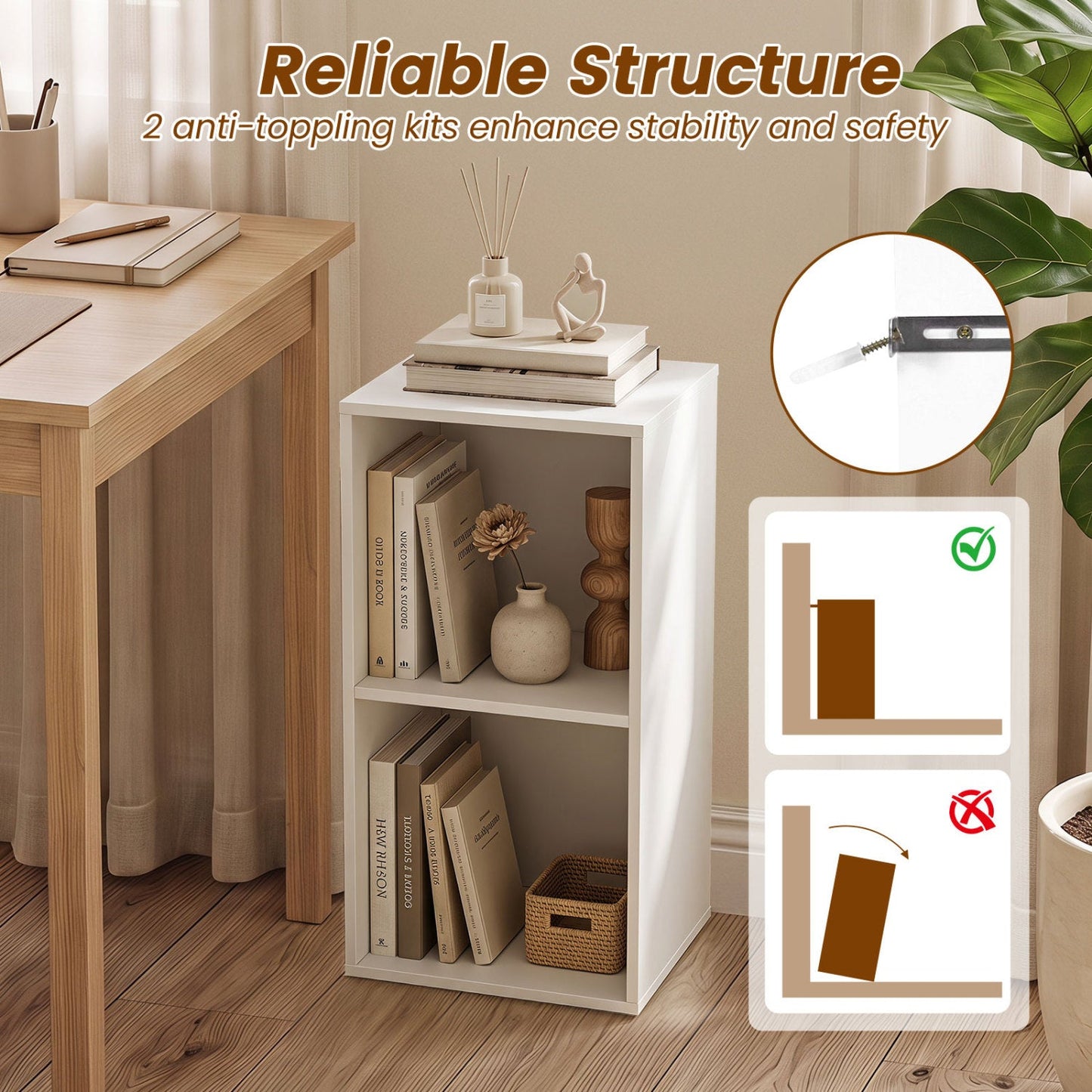 2-Cube Bookshelf with Anti-Tipping Kit - White
