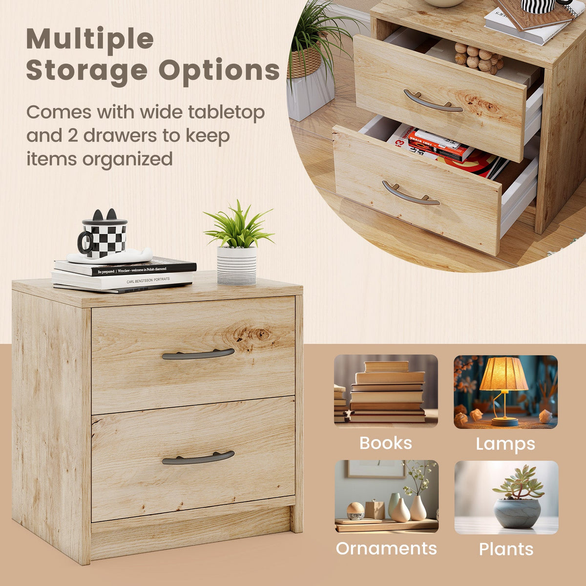 2 Drawer Nightstand with Storage for Living Room