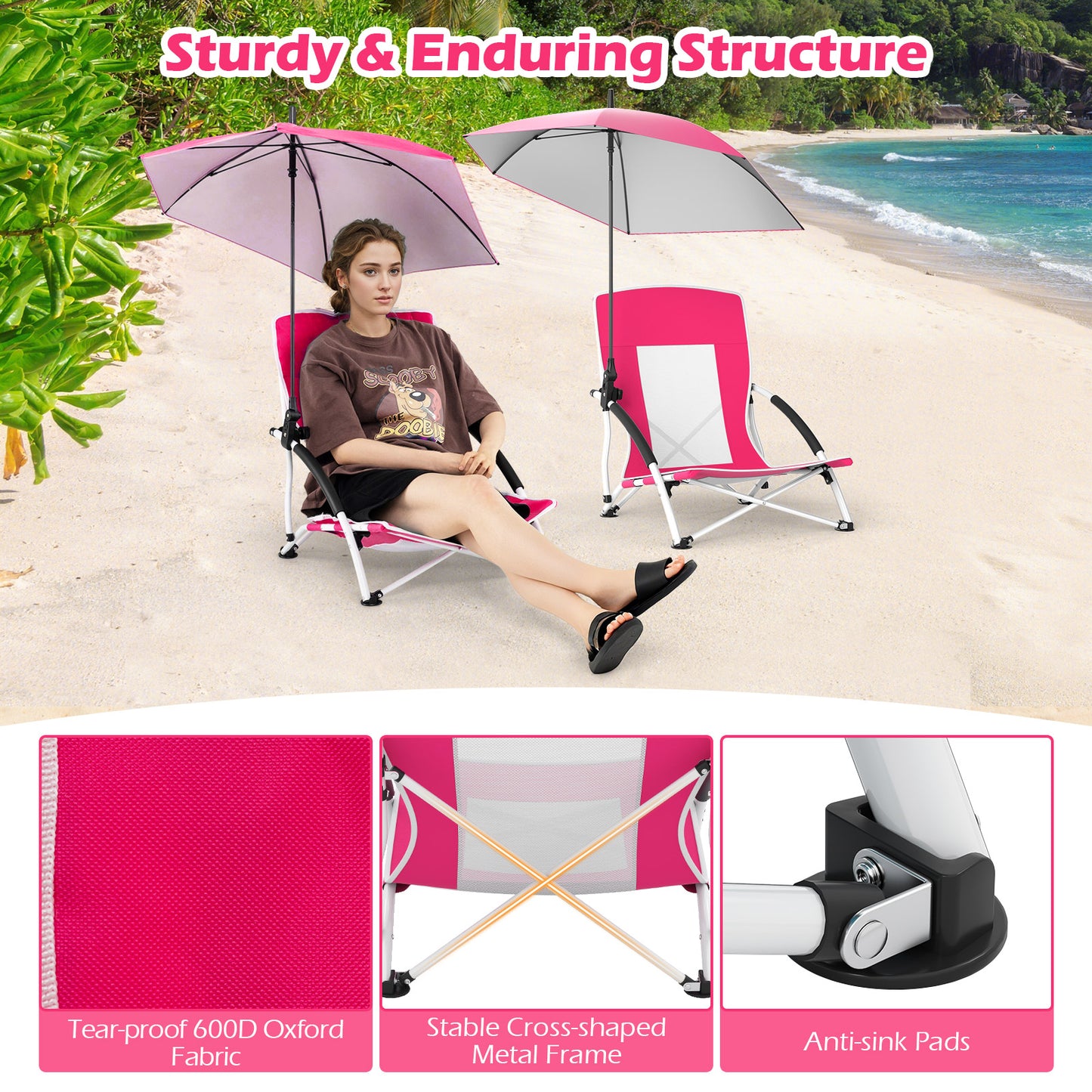 Beach Chair with Adjustable Umbrella for Adults - 2 Pack