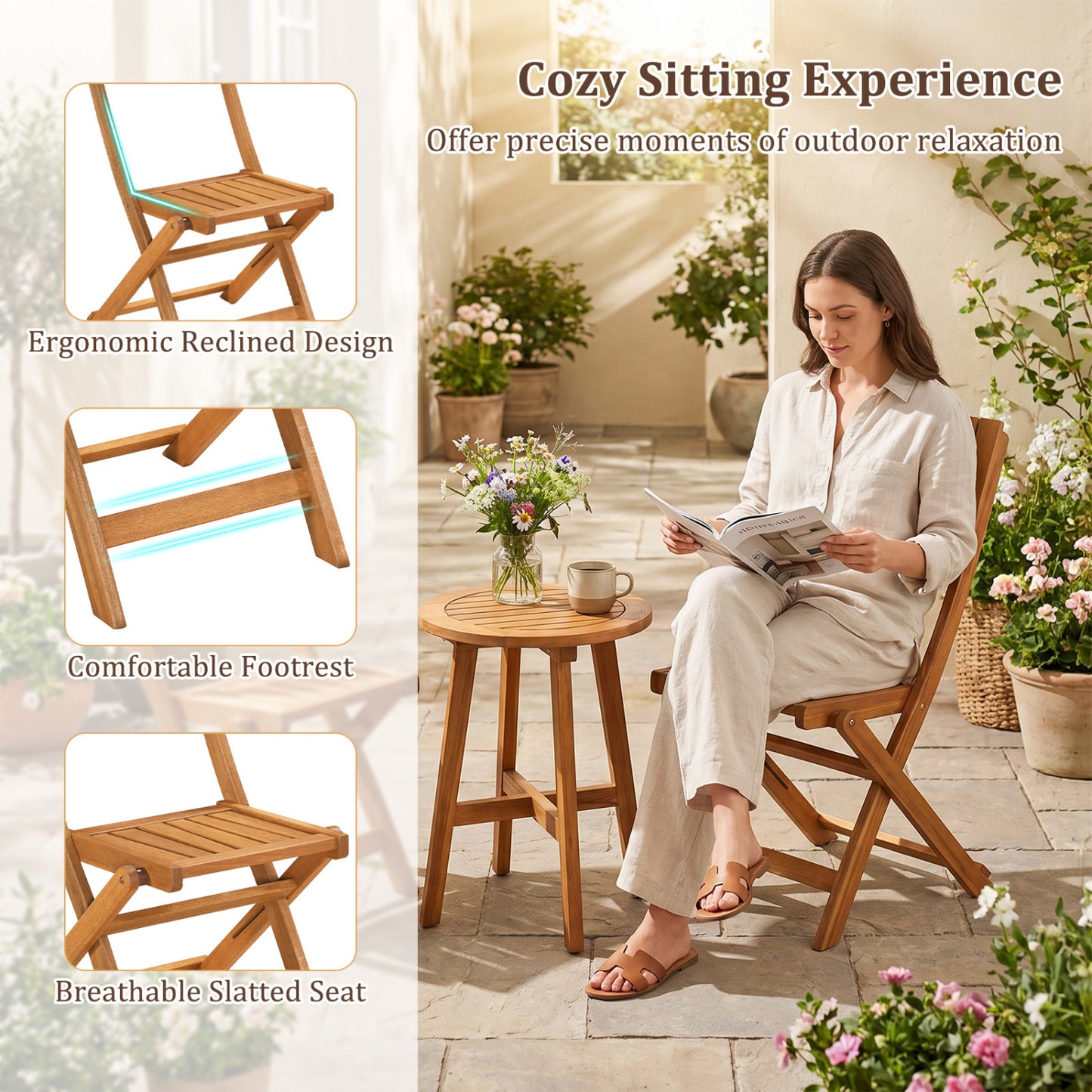 Folding Wood Dining Chairs Set of 2 with Slatted Design