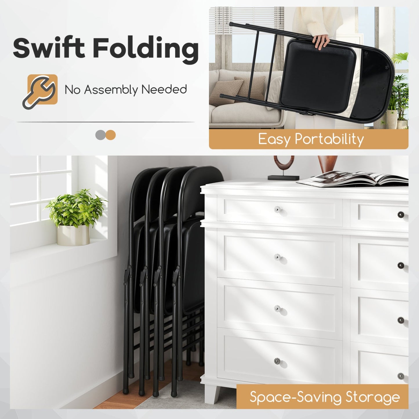 Folding Conference Chairs 4-Pack with Padded Seats - Black