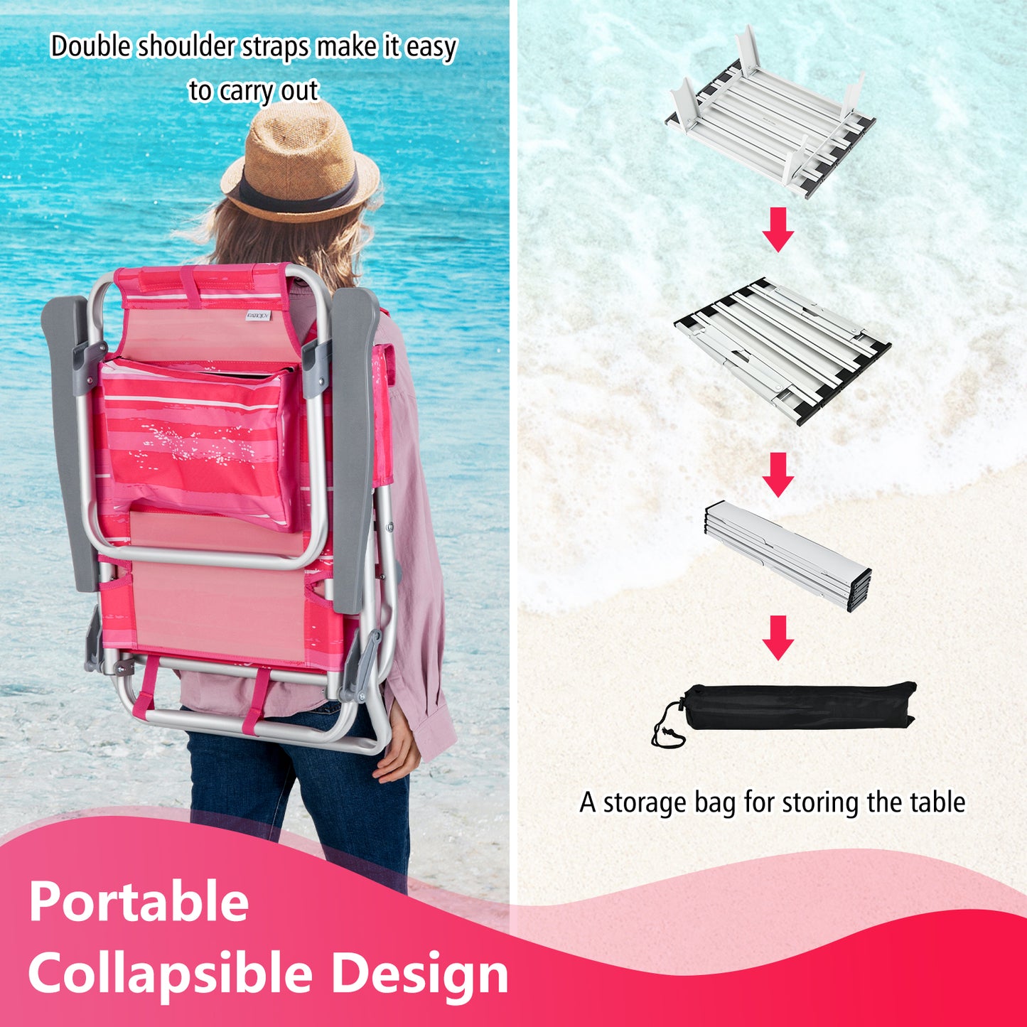 Folding Beach Chair Set with Table - 2 Pack Reclining Chairs