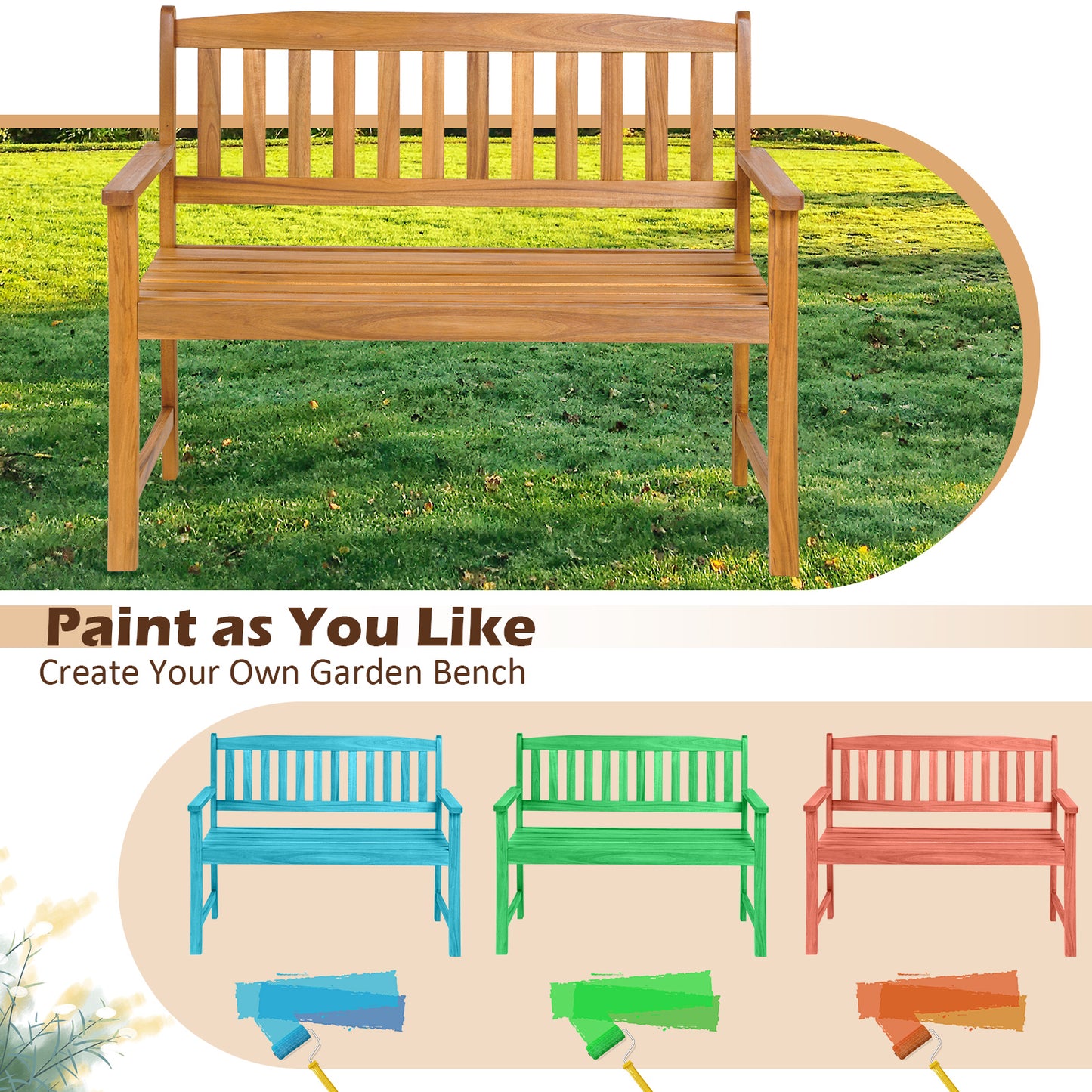 Acacia Wood Outdoor Bench with Backrest – 2 Person