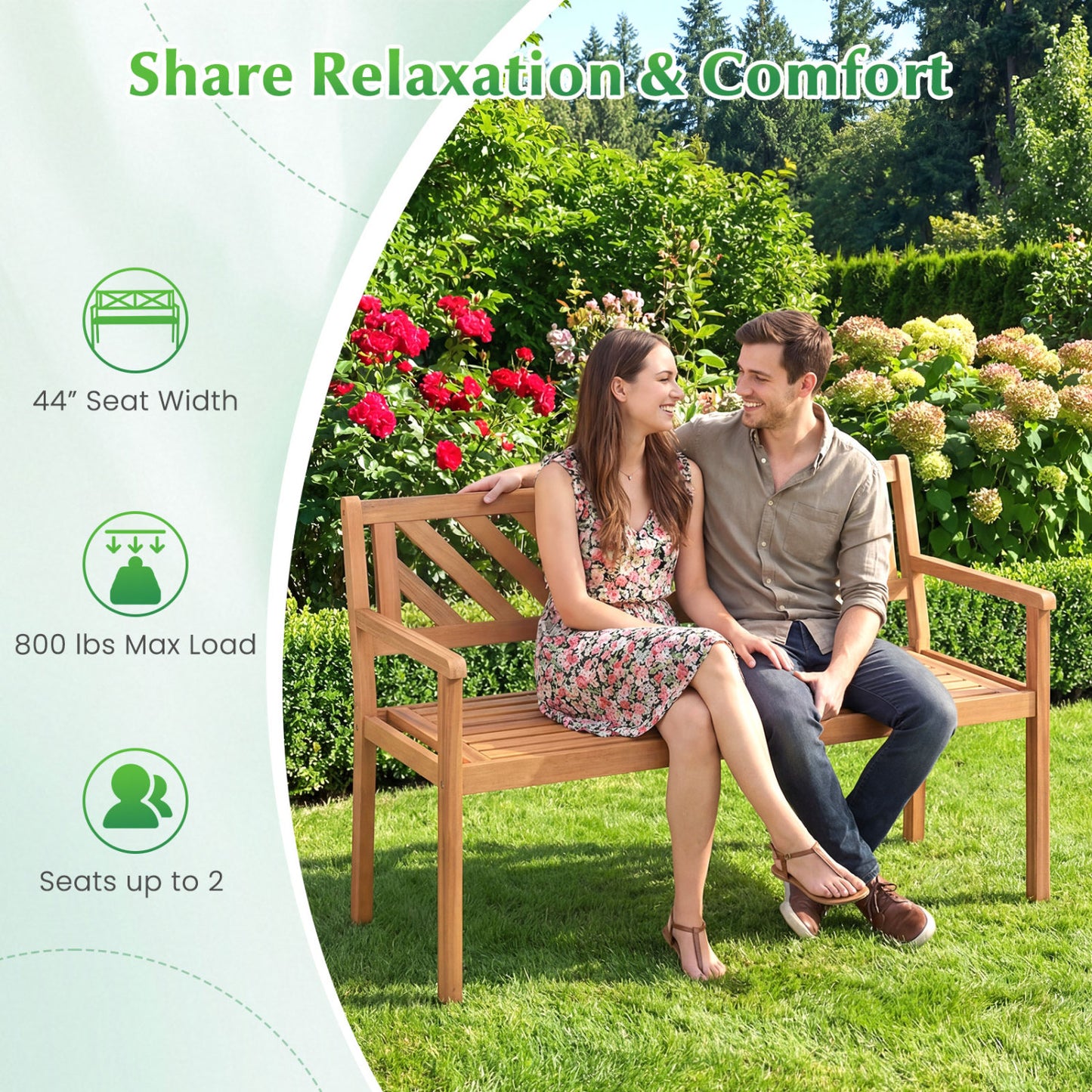 2-Person Acacia Wood Patio Bench with Armrests
