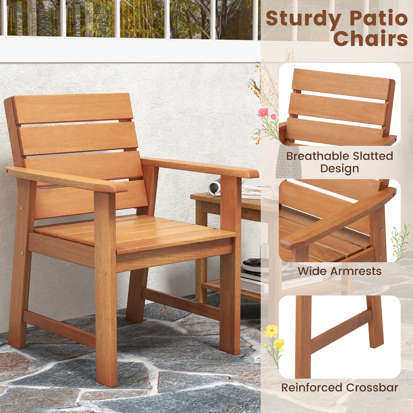 Hardwood Patio Dining Chairs with Inclined Backrest - Set of 2
