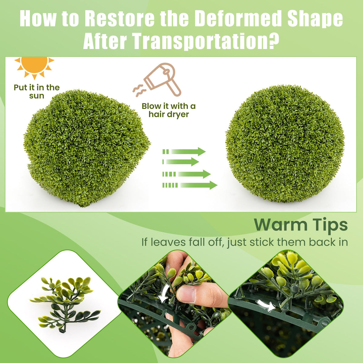 2 Pieces 20 Inches Artificial Sun-Protective Topiary Spheres for Patio Garden Front Door Balcony Backyard-M