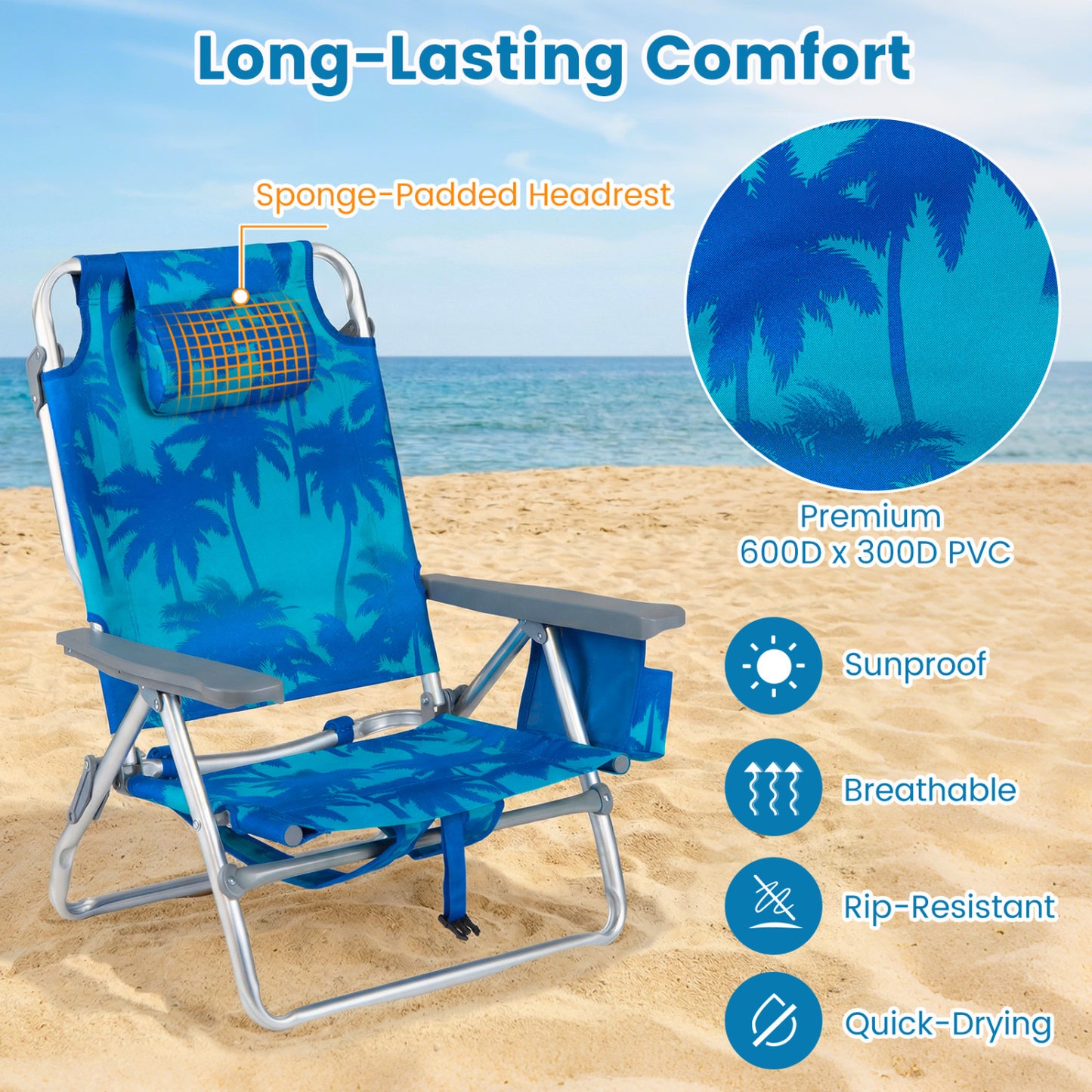 Folding Beach Chair 2-Pack with 5-Position Backrest & Pillow