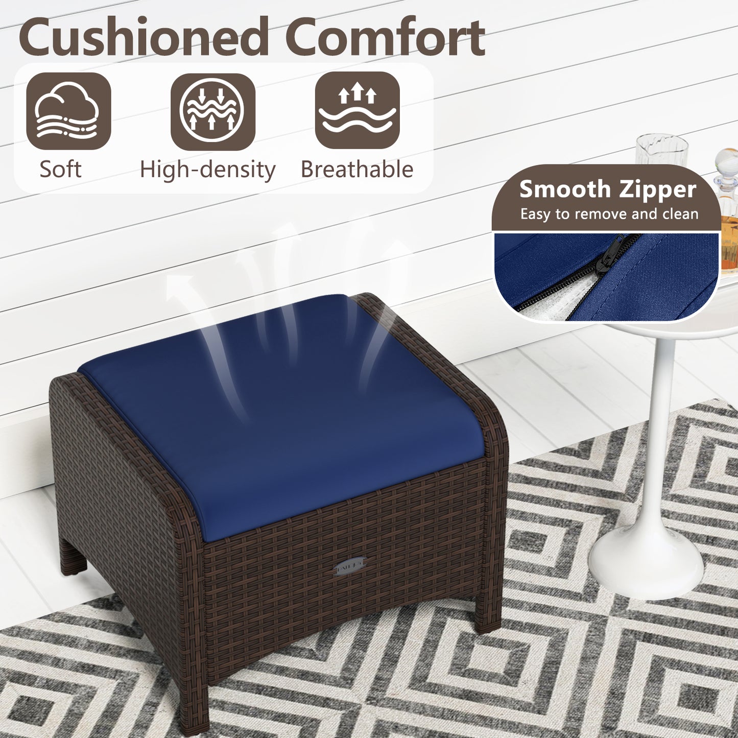 PE Wicker Ottomans Set of 2 with Removable Cushions