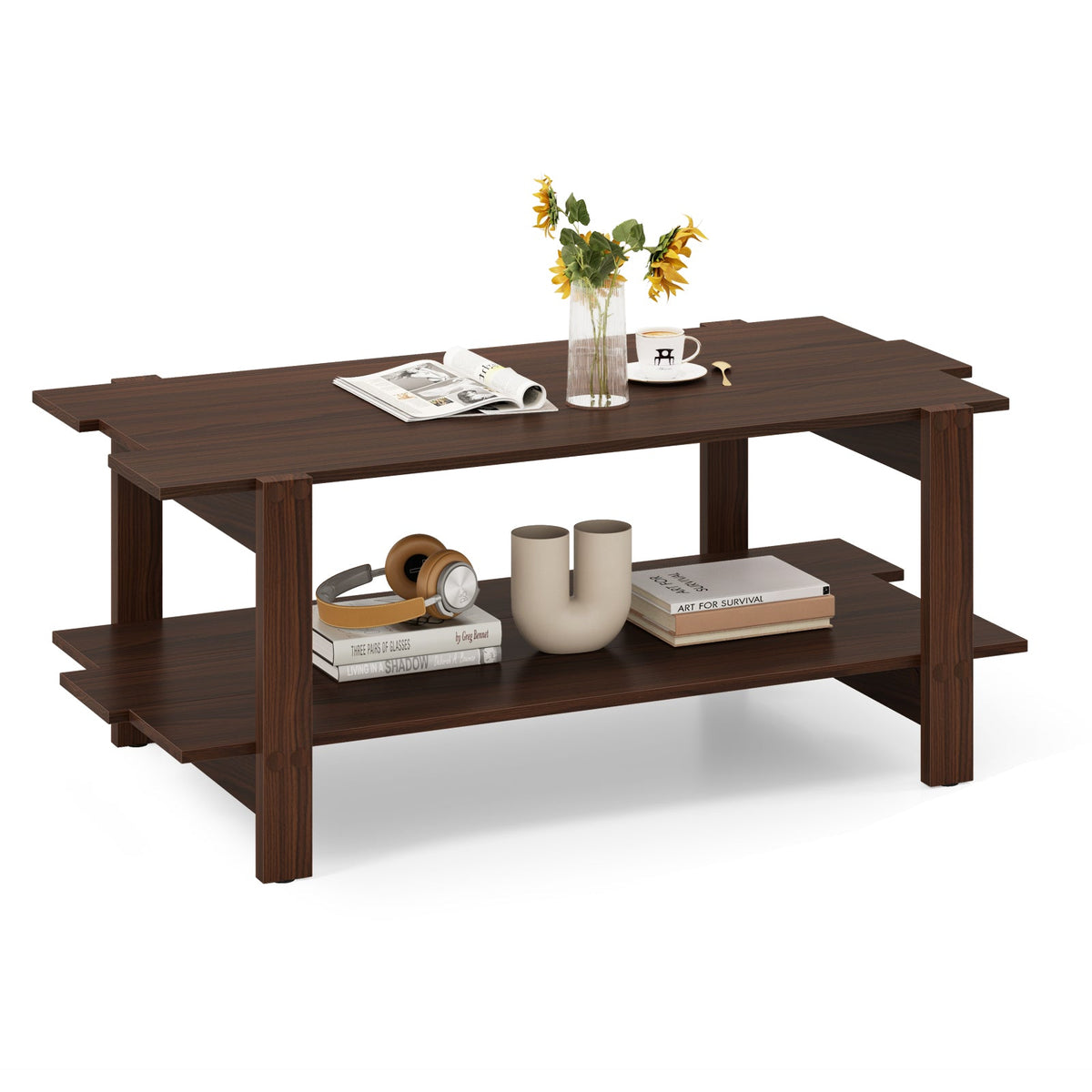 2-Tier Coffee Table Slatted Wood Center Table with Storage Shelf