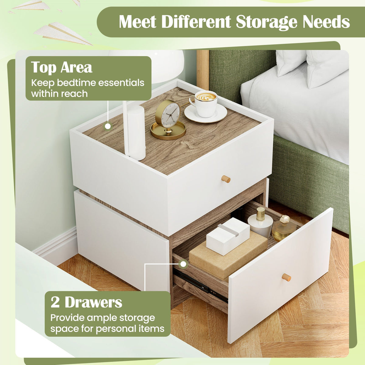 2-Drawer Modern Nightstand with Storage for Living Room Bedroom