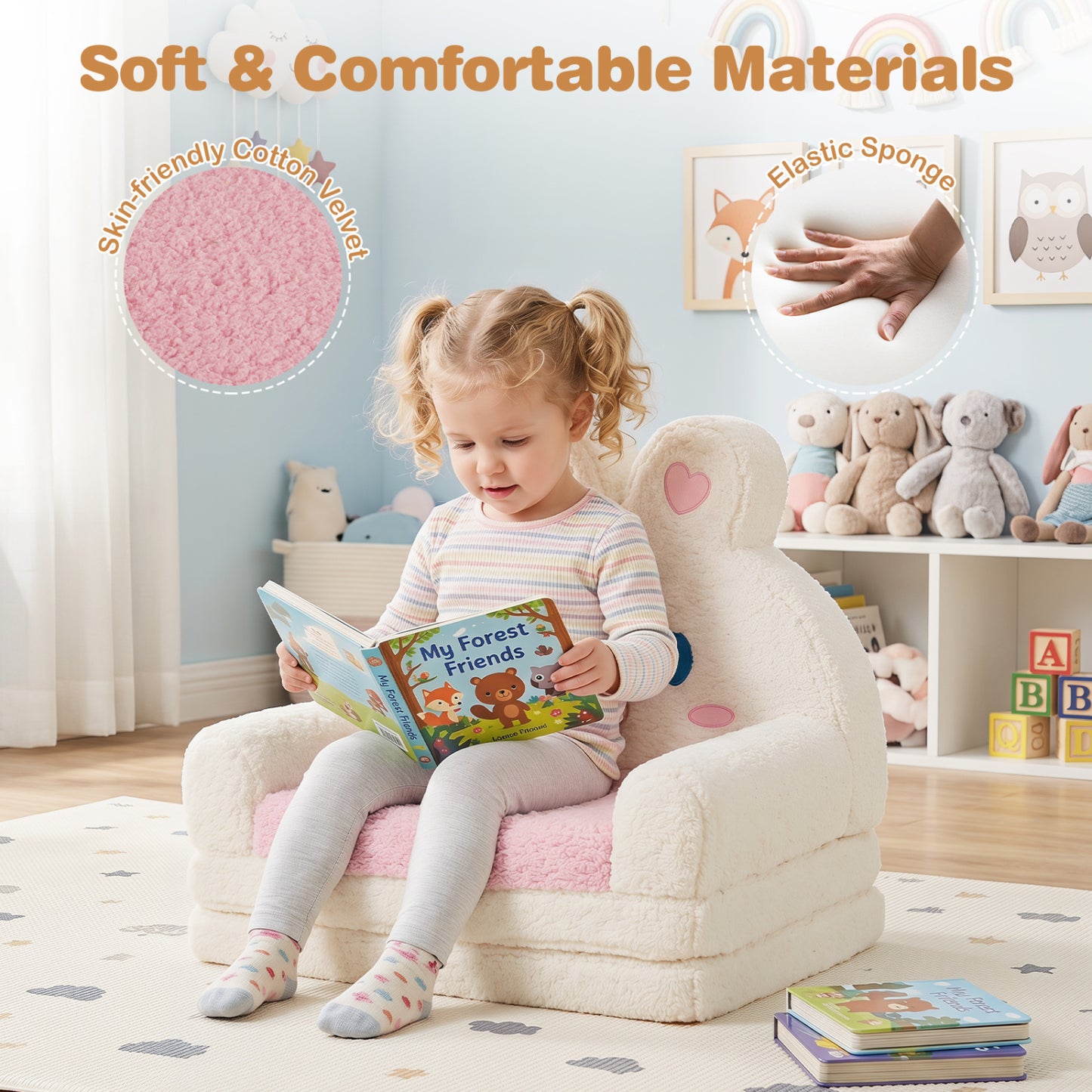 Convertible Kids Sofa to Lounger with Bunny Pattern - Pink