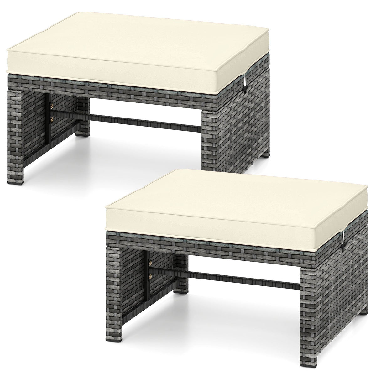 2 Pieces Patio PE Rattan Ottomans with Soft Zippered Cushions for Deck