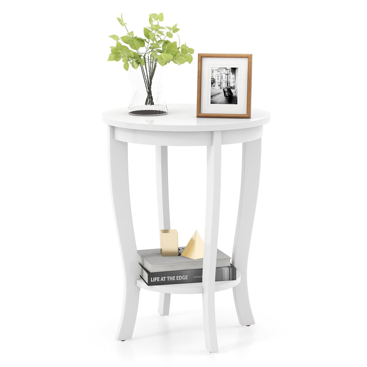 2-tier Round End Table with Solid Wood Legs