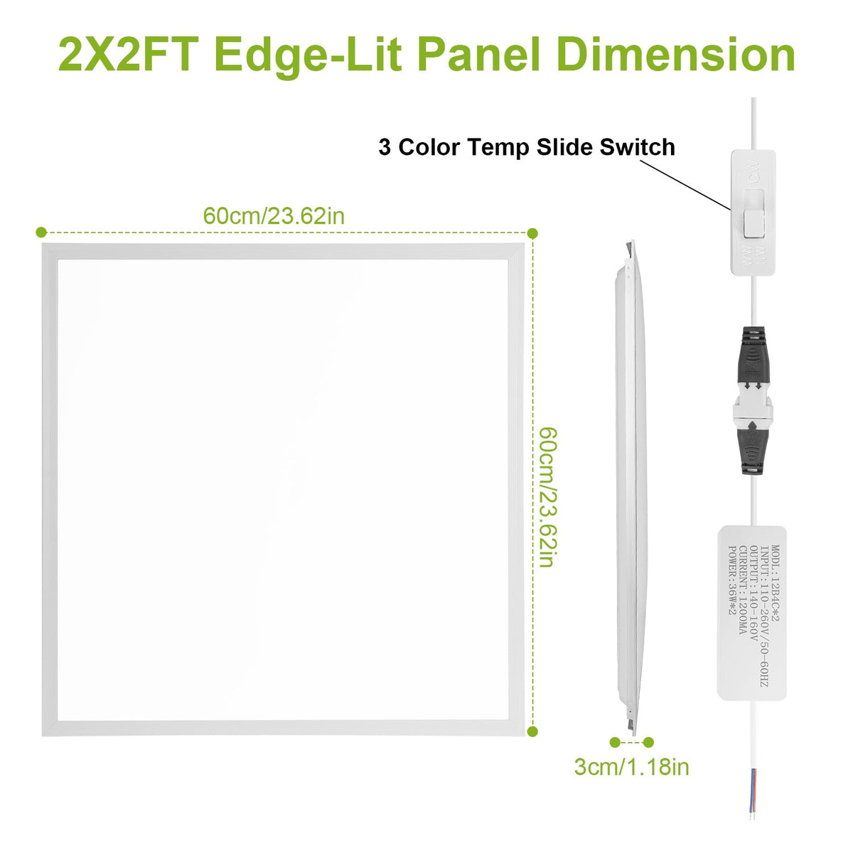 2Pcs 72W 2 2FT LED Panel Light 3800LM Flat Ceiling Light with 3 Lighting Color Temperature Equivalent LED Troffer Recessed Edge-Lit Switchable CCT 110