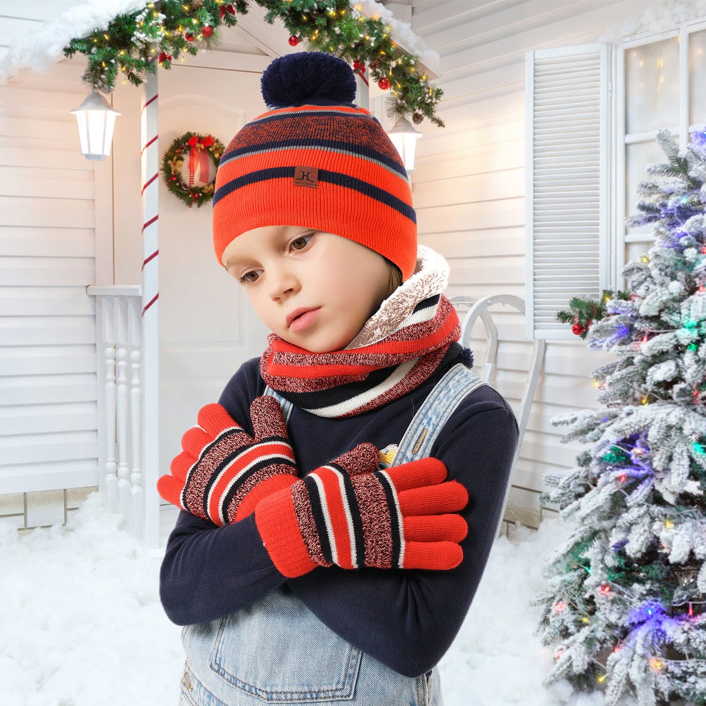 Winter Kids Knitted Hat Scarf Gloves 3Pcs Boys Girls