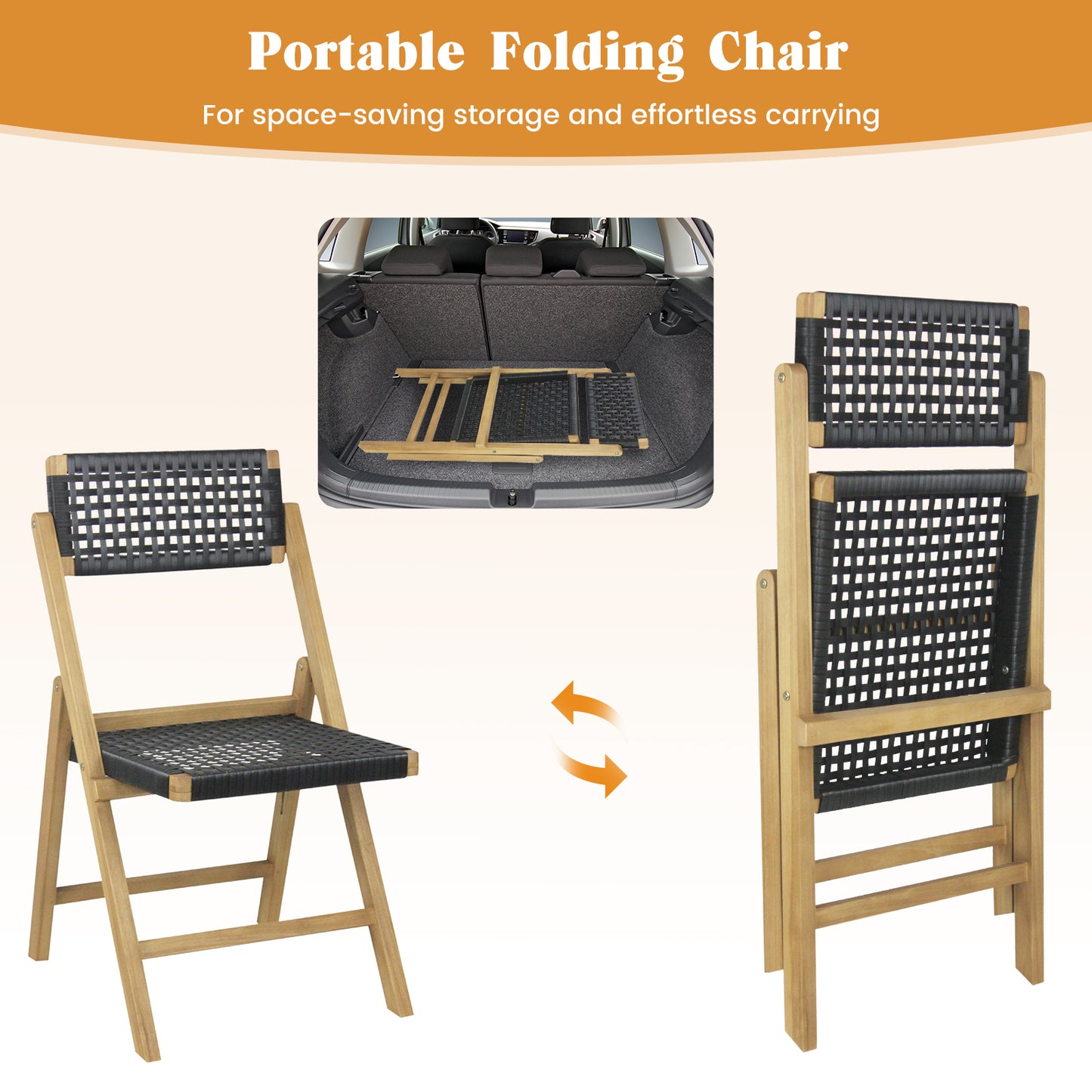 Folding Teak Wood Dining Chairs with Woven Rope Seat Set of 2