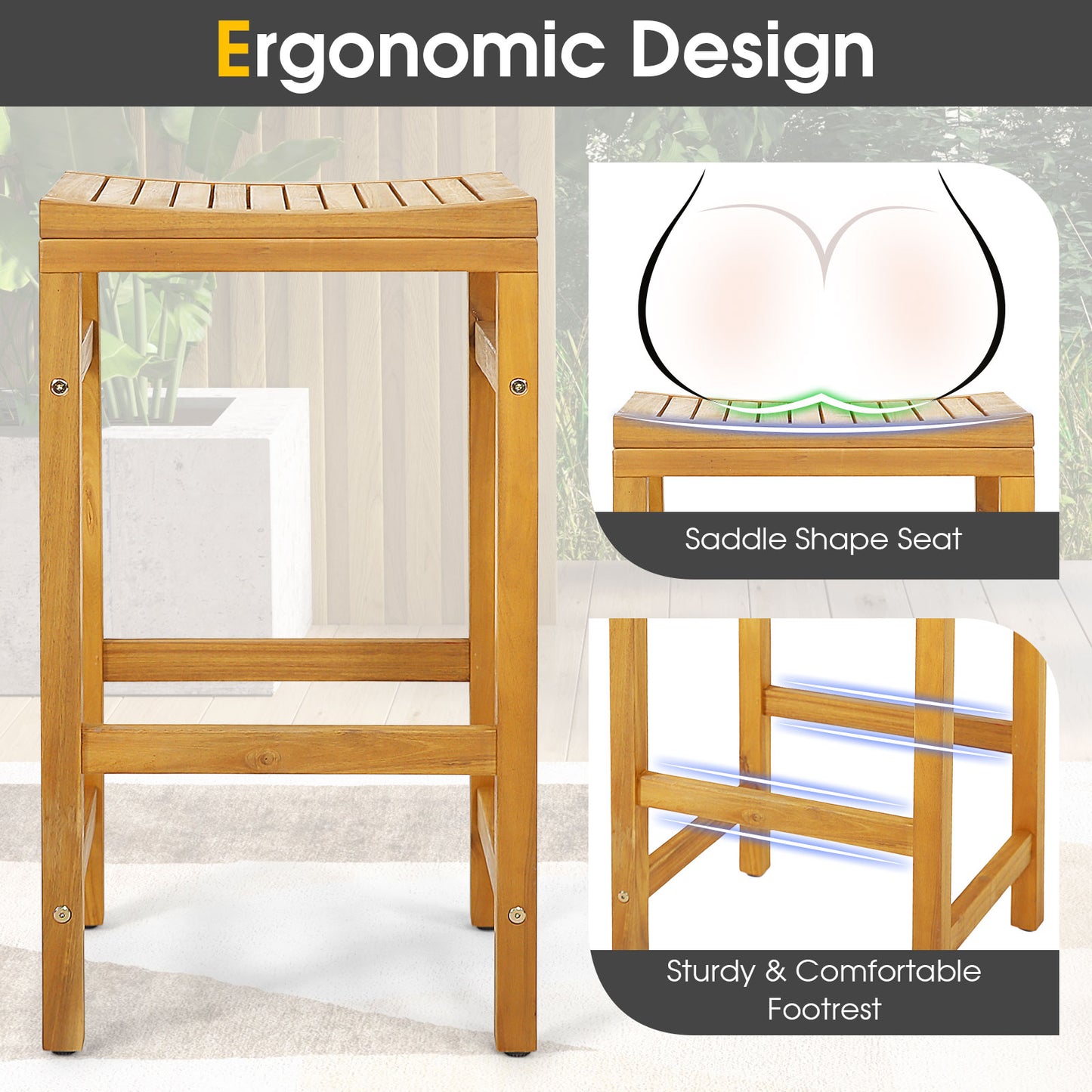 30-Inch Acacia Wood Bar Stools with Saddle Seat - Set of 2