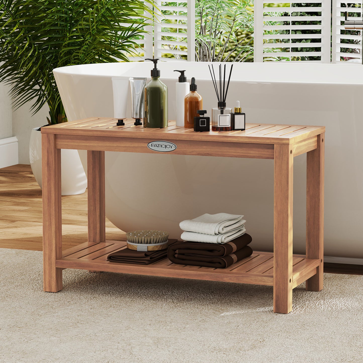 30 Inch Teak Wood Shower Bench Inside Shower Stool with Storage Shelf