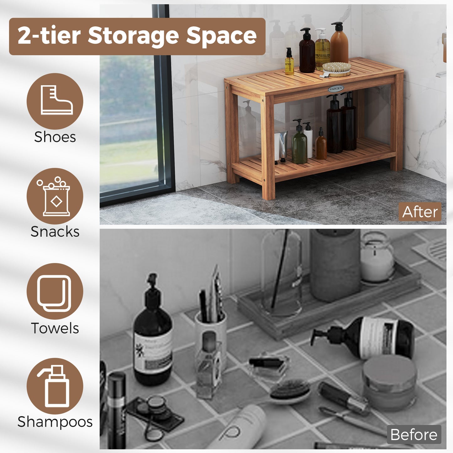 30 Inch Teak Wood Shower Bench Inside Shower Stool with Storage Shelf