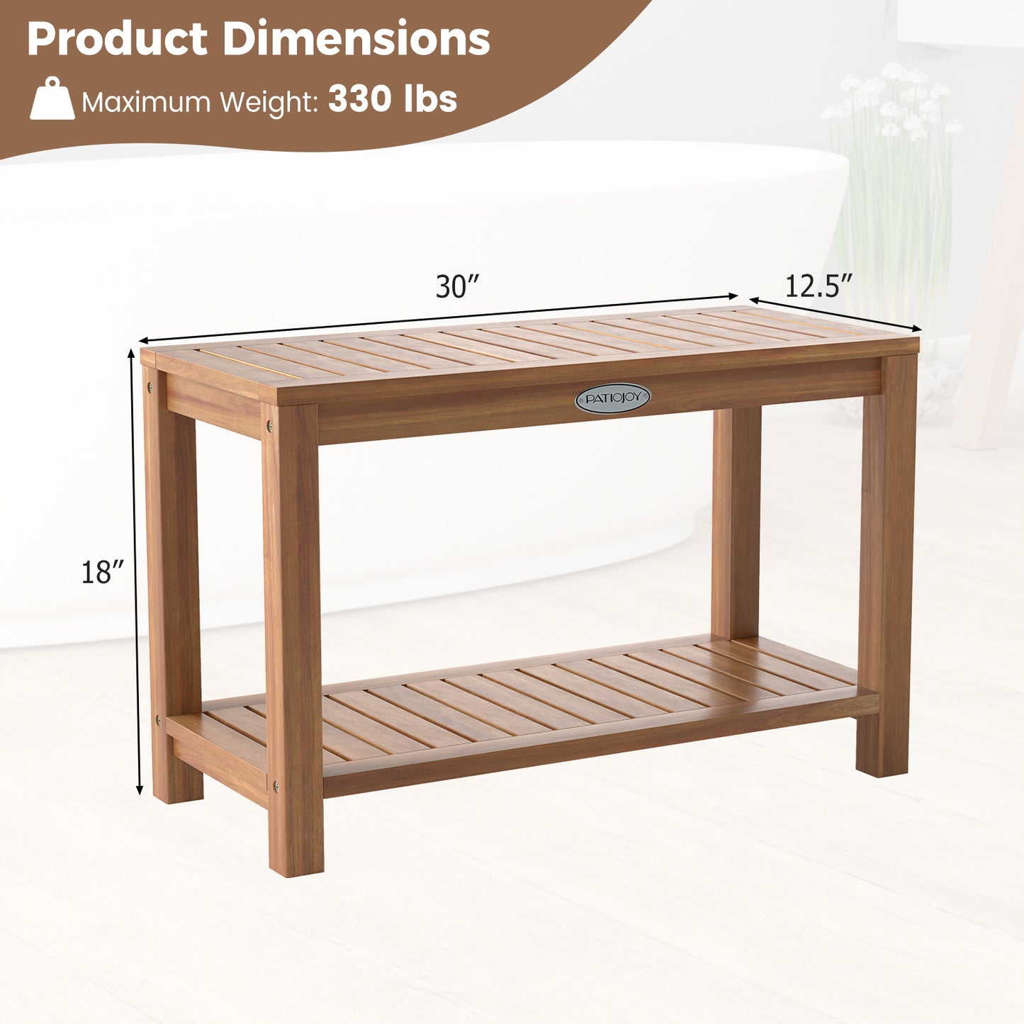 30 Inch Teak Wood Shower Bench Inside Shower Stool with Storage Shelf