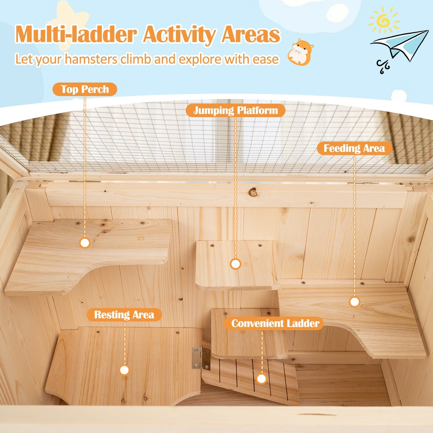 31.5 Inches Freestanding Hamster Cage Wooden Hamster Habitat Playpen-Natural