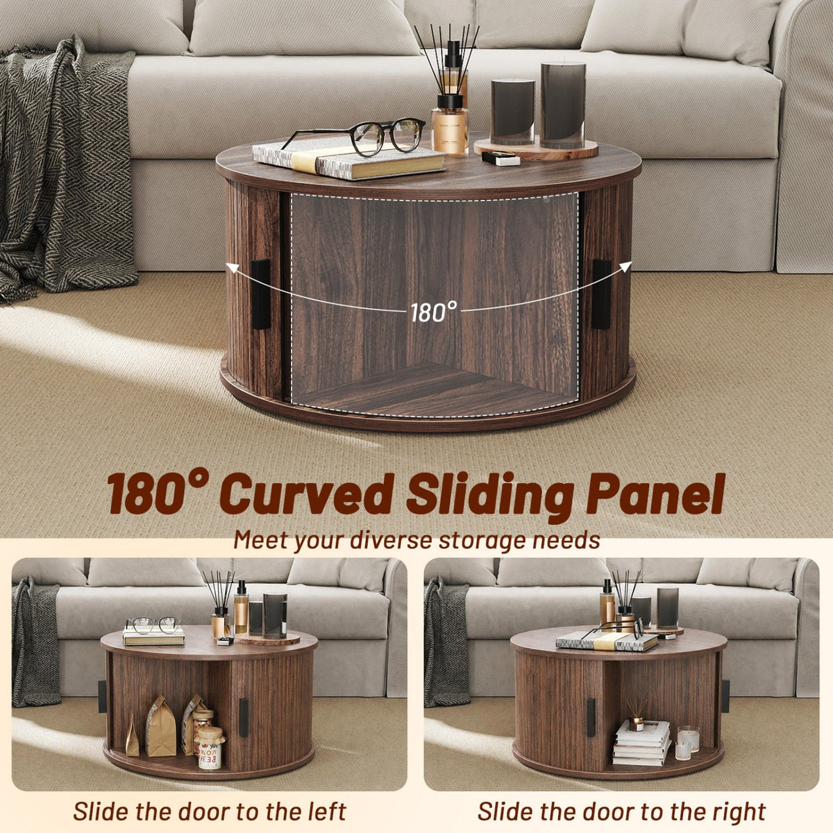 Round Coffee Table with Sliding Tambour Door Storage