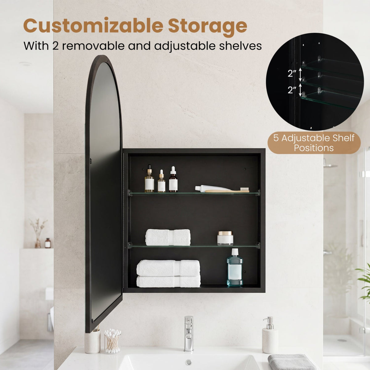 Wall-Mounted Storage Cabinet with Arched Mirror 34" x 22"