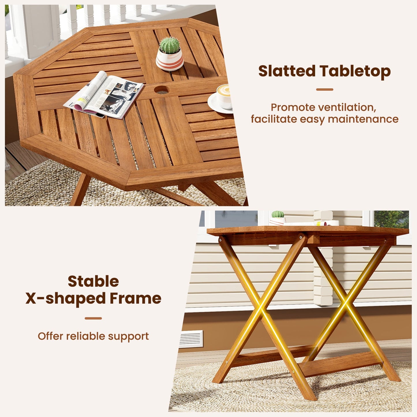 35.5 Inch Solid Wood Patio Dining Table Octagon Table with 1.97 Inch Umbrella Hole