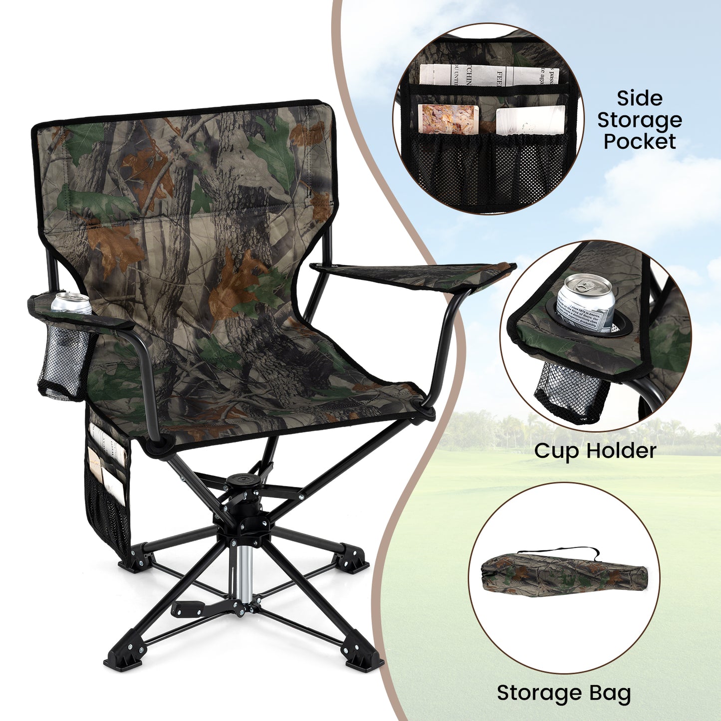 360° Swivel Hunting Chair with Storage Pockets