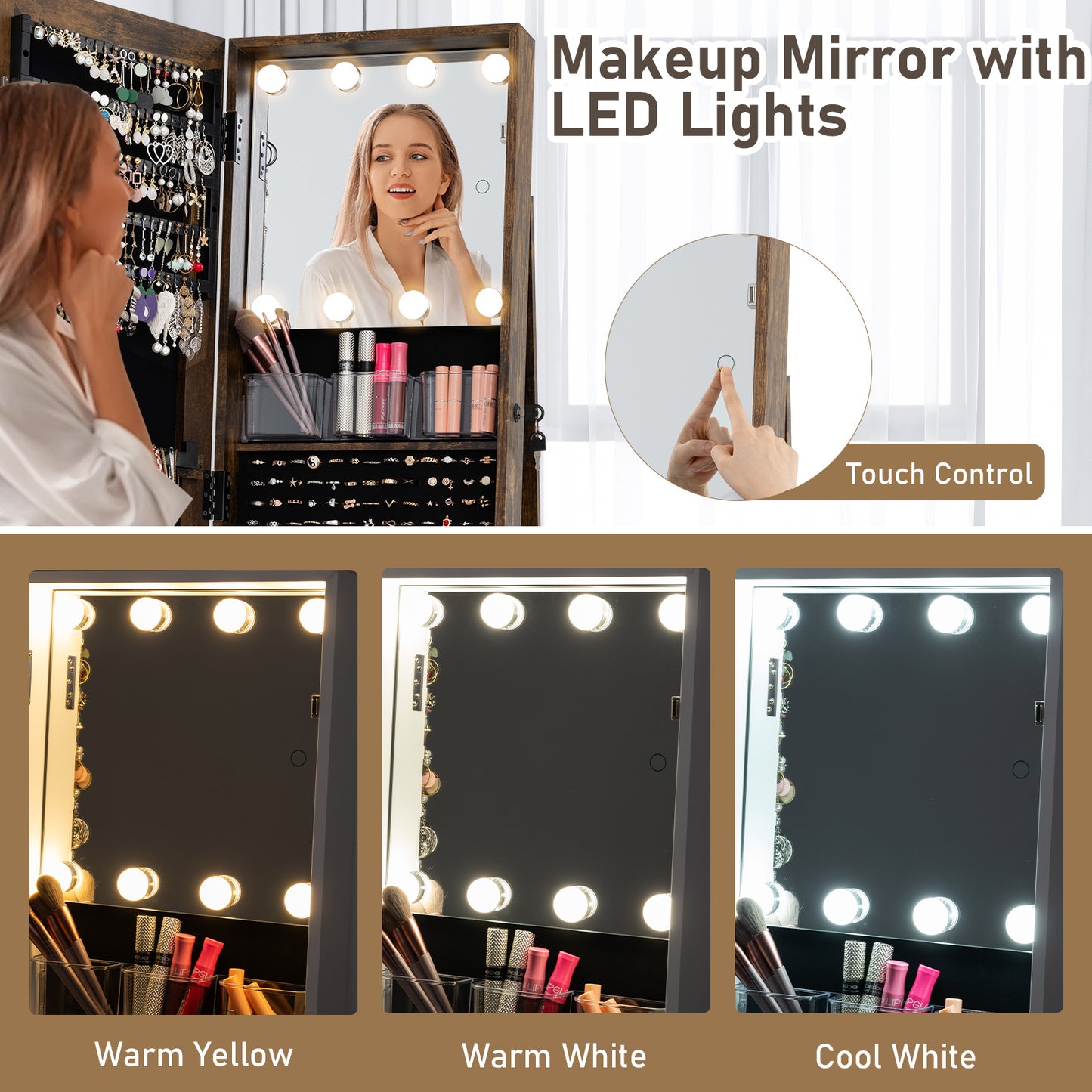 Swivel Jewelry Cabinet with Full Length Mirror and LED Lights