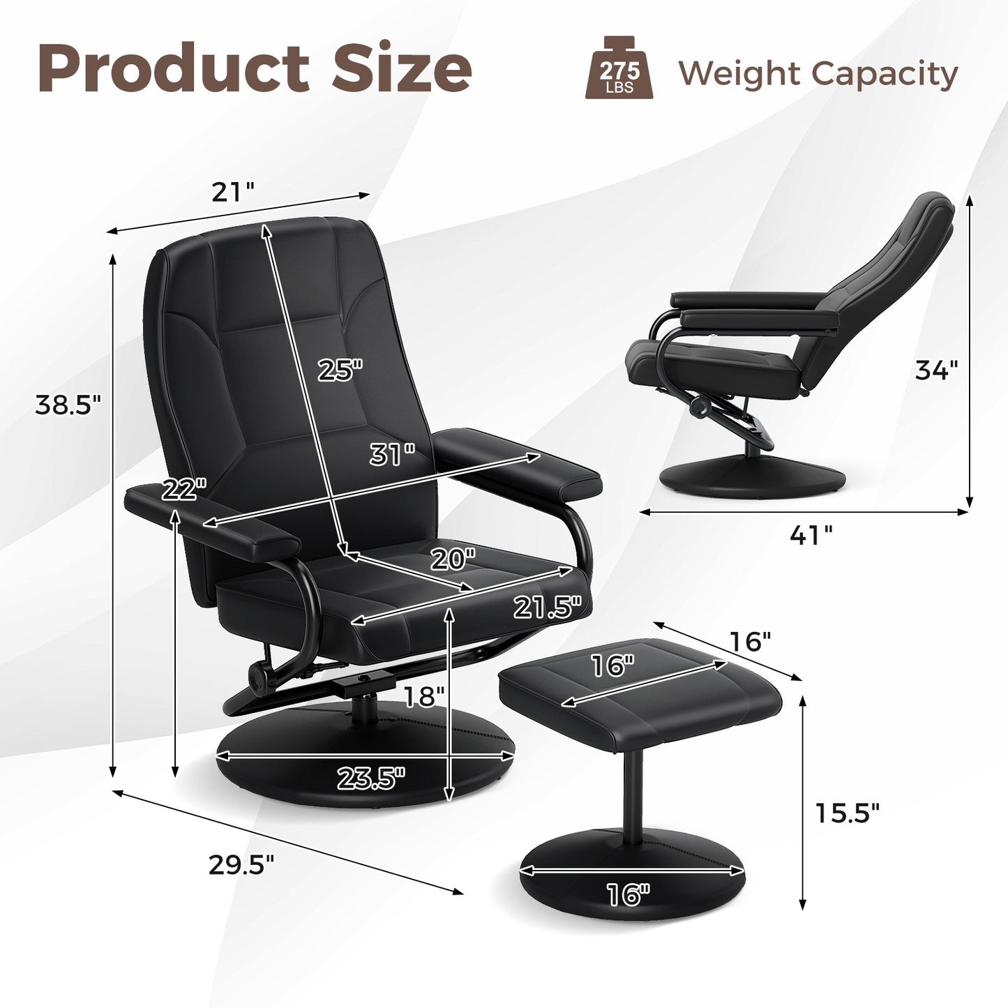 Swivel Recliner Chair with Ottoman in Black PU Leather