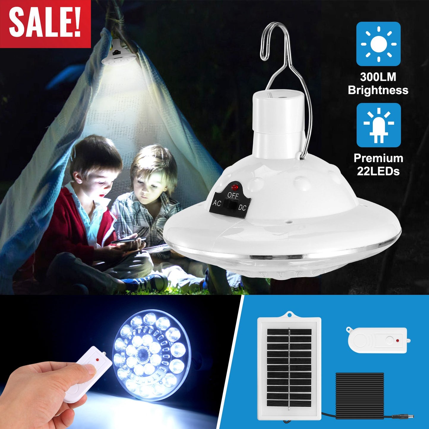 Solar Camping Lantern with Remote Control & Hanging Hook