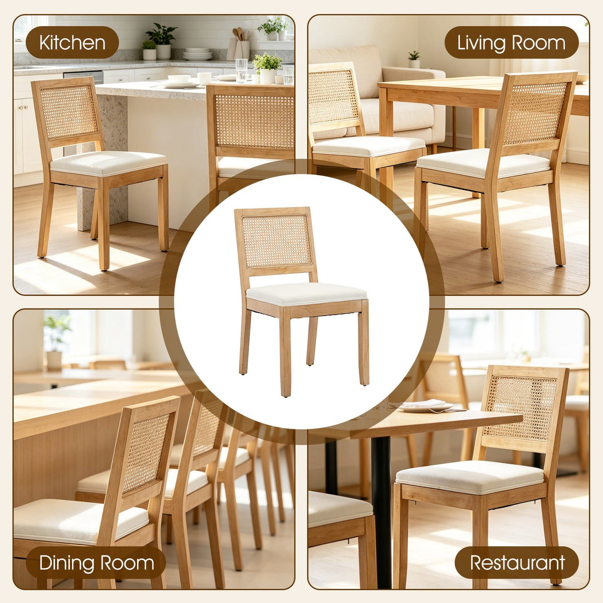 French Oval Rattan Back Dining Chairs Set of 2 - Solid Wood