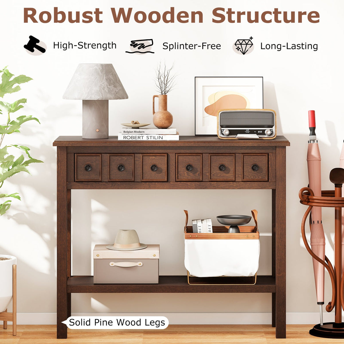 38 Inch Rustic Console Table with 2 Drawers and Bottom Open Shelf-Espresso