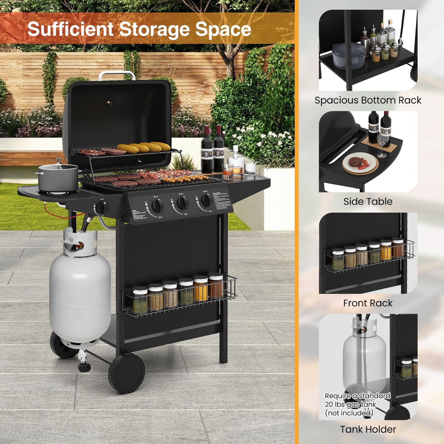 39 000 BTU Outdoor Burner Propane Gas Grill on Wheels-Black