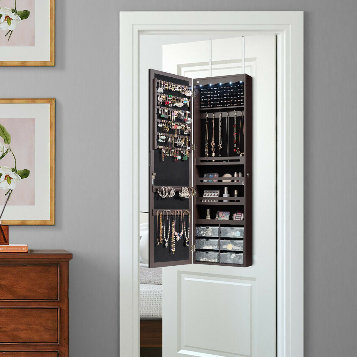 Wall Mounted Jewelry Armoire with LED Mirror - 47.5" Brown