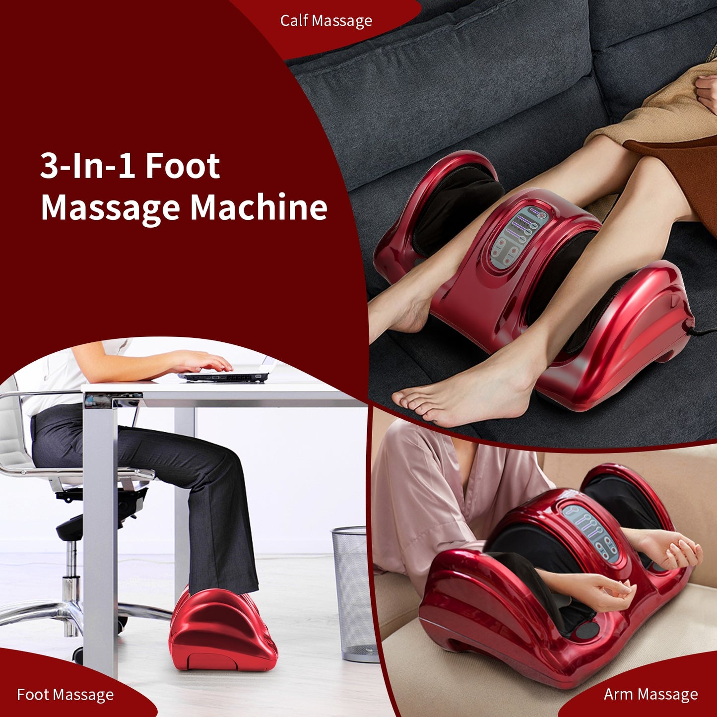 Therapeutic Shiatsu Foot Massager with High Intensity Rollers-Red