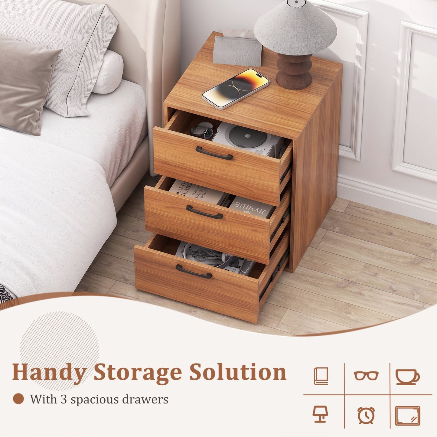 3-Drawer Nightstand with Wood Grain Finish