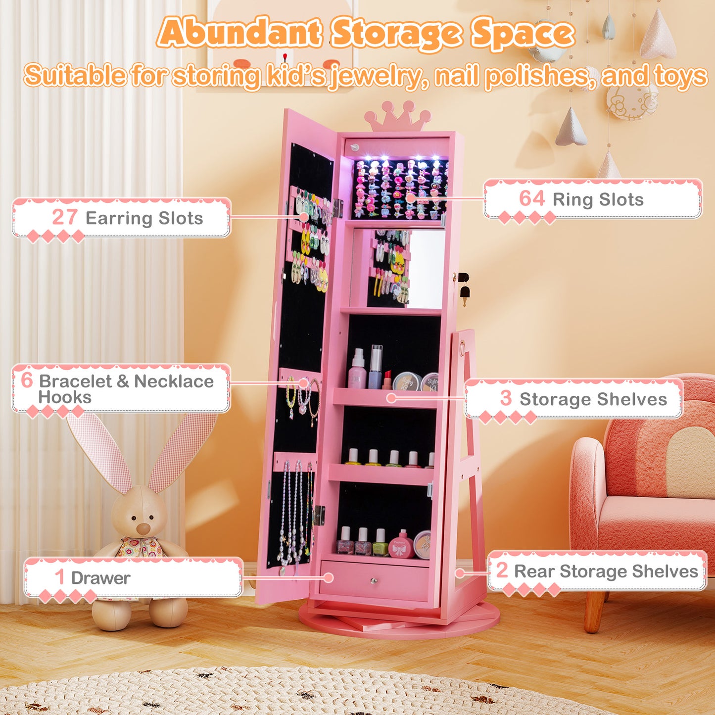 Kids Jewelry Cabinet with Lighted Full Length Mirror