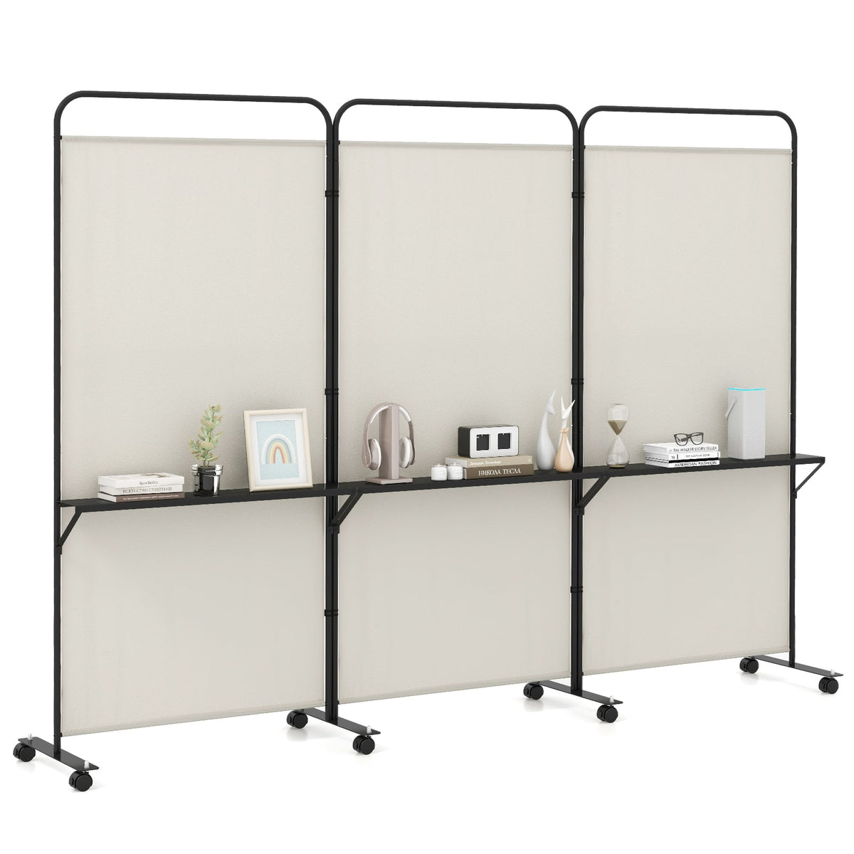 3-Panel Folding Room Divider with 3 Metal Shelves and Lockable Wheels