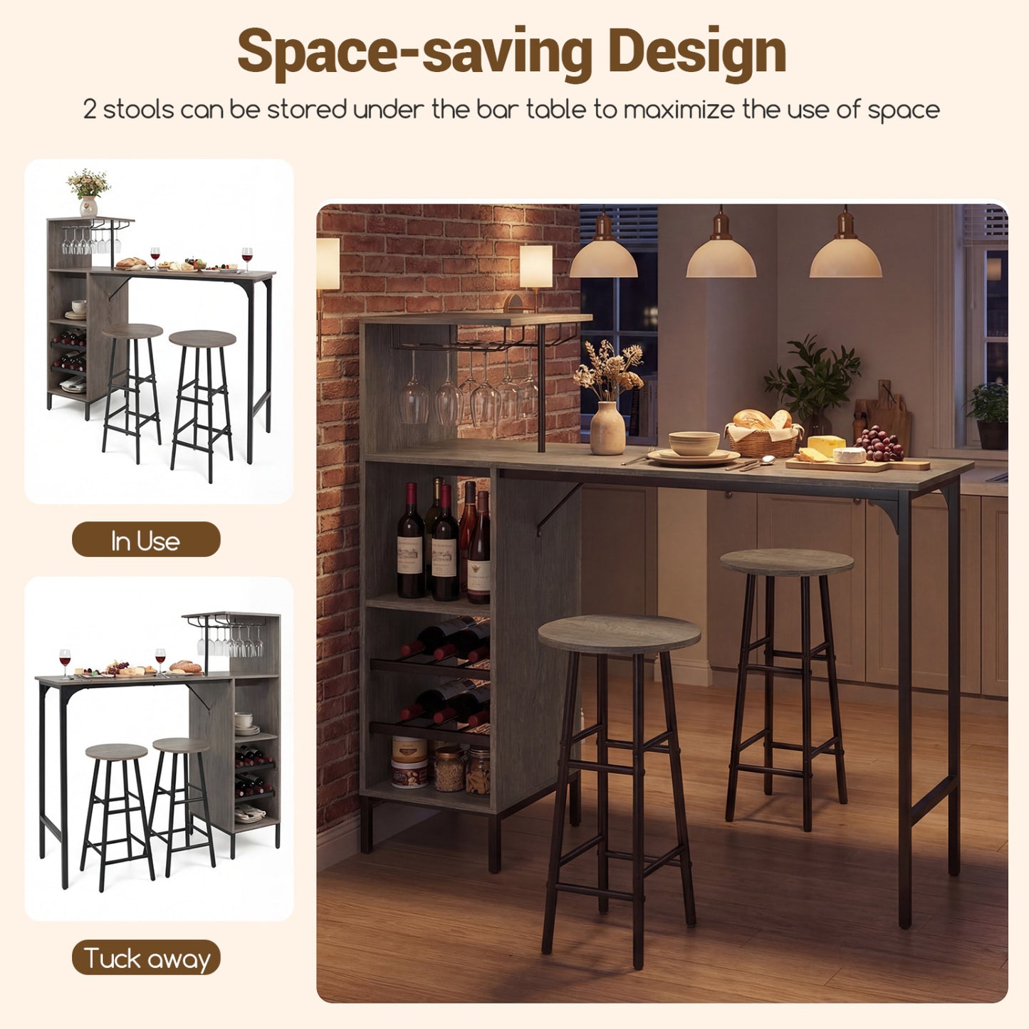 3-Piece Bar Table Set with Wine Rack and 2 Stools