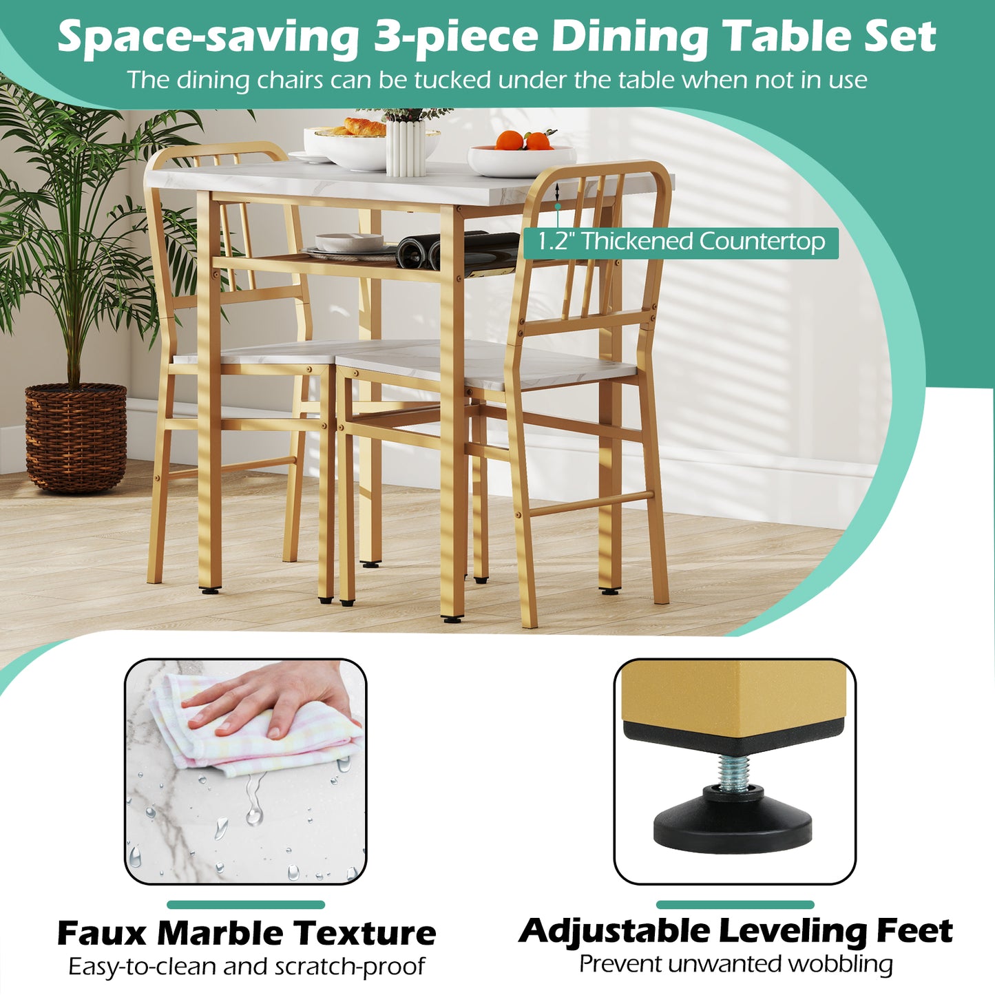 3-Piece Dining Table Set with 2 Chairs and Storage Shelf
