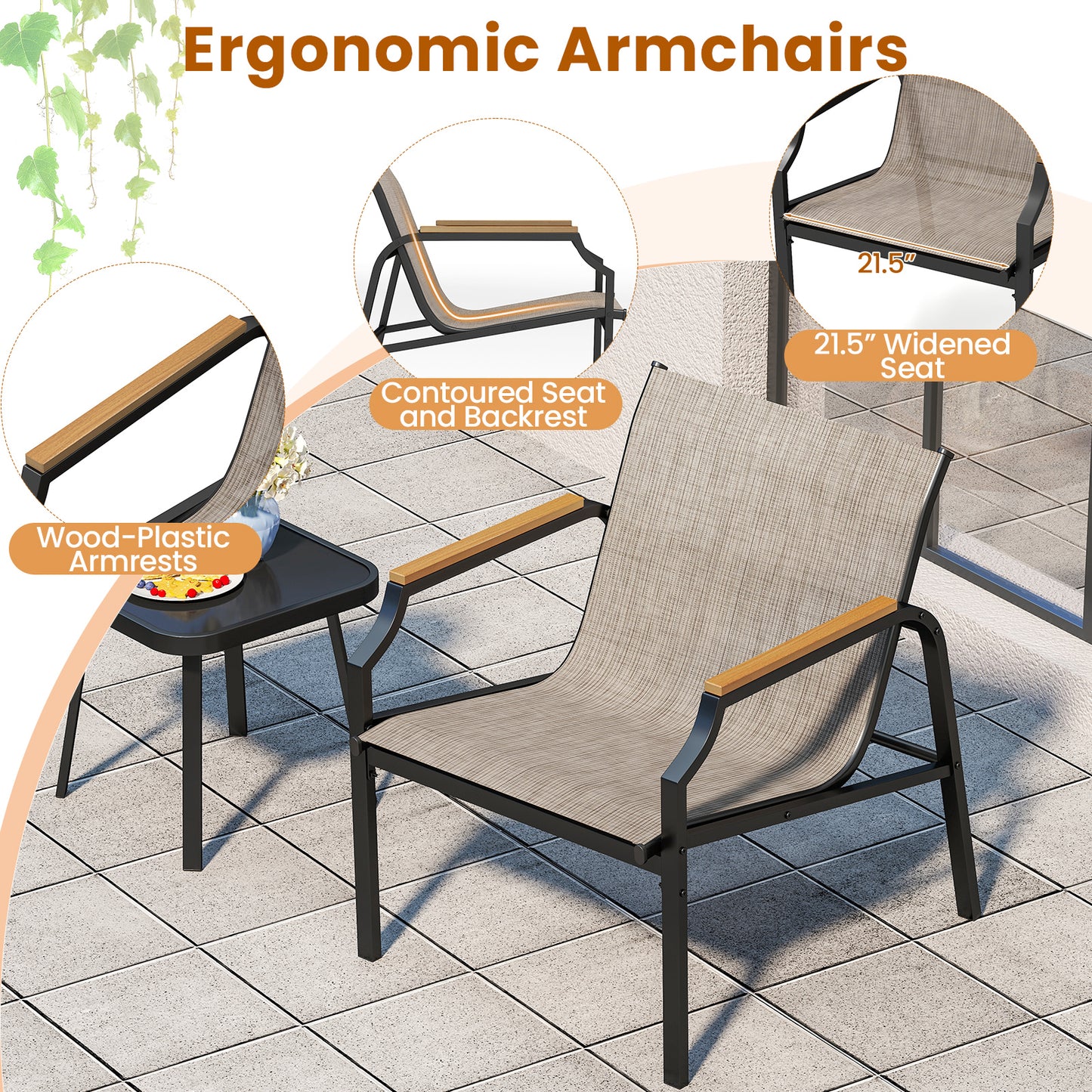 3-Piece Patio Conversation Set with Breathable Fabric Chairs